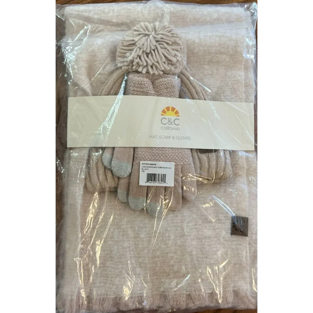New C & C‎ California Lurex 3 Pc Giftset Beanie Gloves & Scarf Set Pink Blush